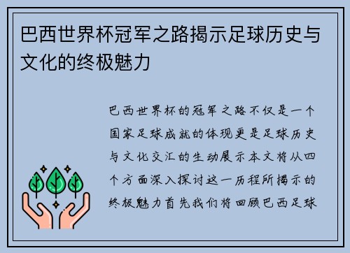 巴西世界杯冠军之路揭示足球历史与文化的终极魅力