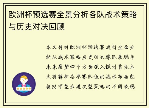 欧洲杯预选赛全景分析各队战术策略与历史对决回顾