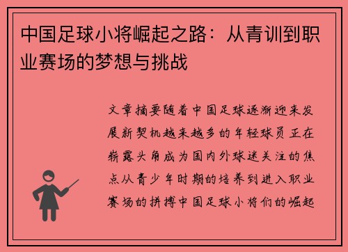 中国足球小将崛起之路：从青训到职业赛场的梦想与挑战