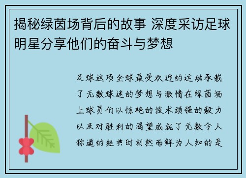 揭秘绿茵场背后的故事 深度采访足球明星分享他们的奋斗与梦想